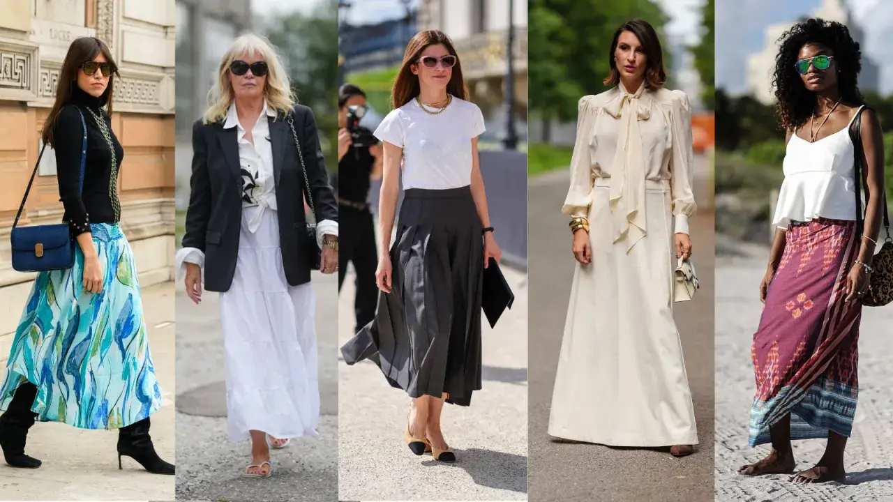 Five women showcase stylish long skirt outfits, from flowing prints to elegant monochrome looks.