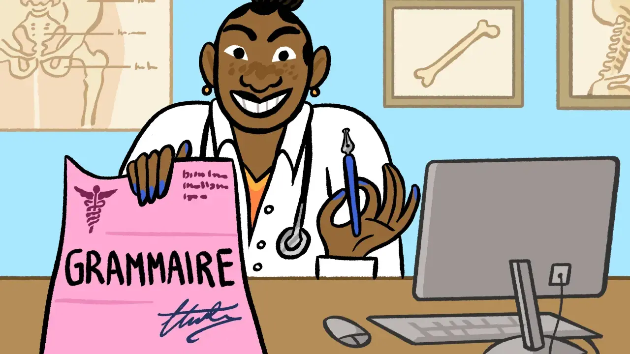 Une doctoresse souriante tient une ordonnance rose "GRAMMAIRE". Peut-être qu'elle prescrit des leçons de français pour améliorer la santé des mots.