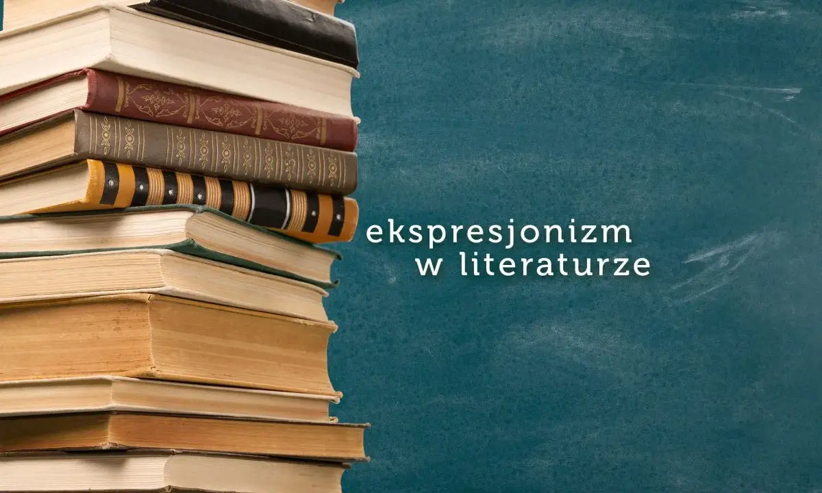 Stos książek, a obok napis "ekspresjonizm w literaturze".