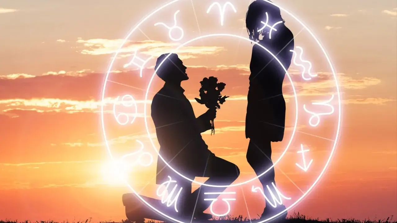 Zodiakalny krąg miłości, gdzie mężczyzna klęczy z bukietem kwiatów, oferując go kobiecie. Idealny horoskop dla samotnych panien szukających swojej drugiej połówki.