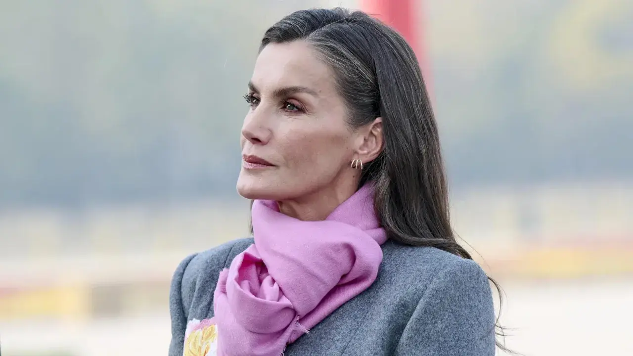 Mujer con elegante abrigo gris y bufanda rosa, su pelo sal y pimienta cae sobre sus hombros.
