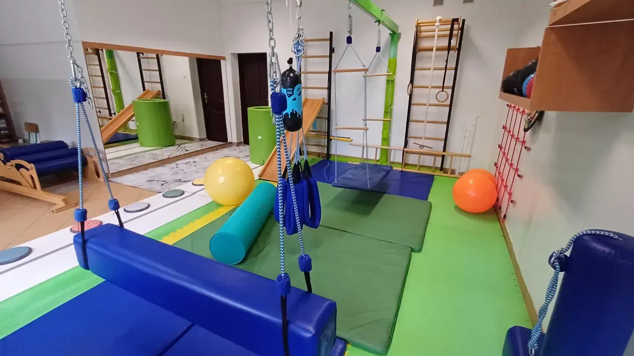 Sala do terapii SI z huśtawkami, materacami i piłkami. Sprzęt może pomóc w rozpoznaniu pierwszych objawów zaburzenia integracji sensorycznej.