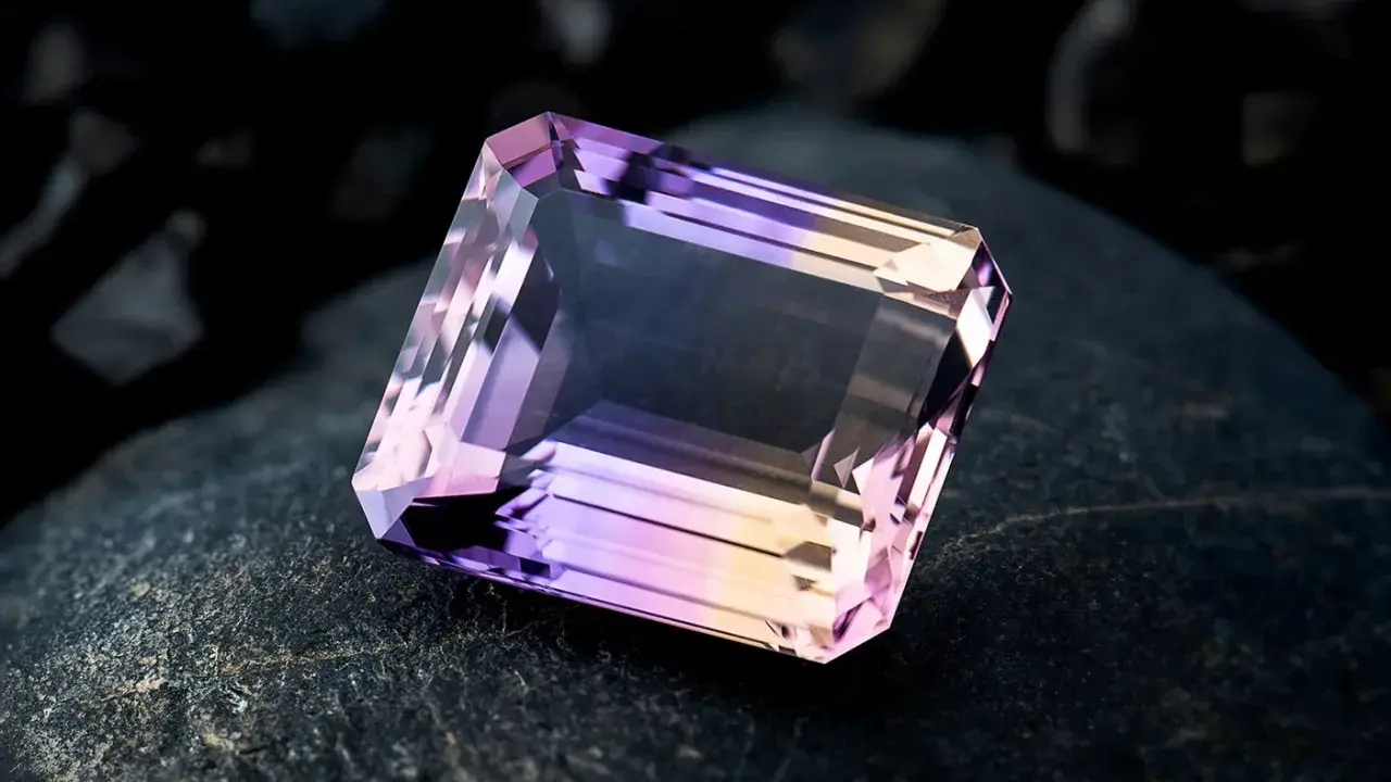 Un taglio a smeraldo sfaccettato mostra la transizione tra ametista e quarzo rosa, un connubio di colori su una roccia scura.