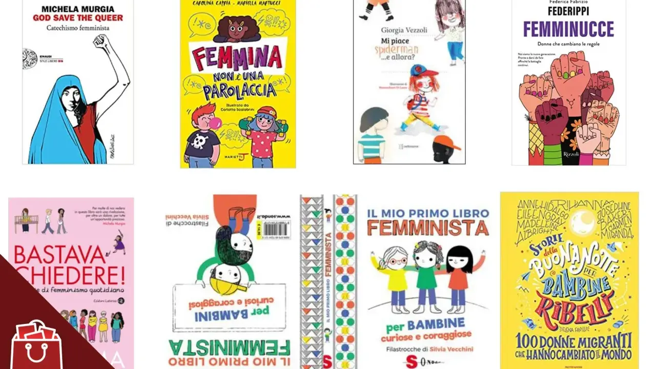 Una raccolta di libri sul femminismo per bambini e adulti, con copertine colorate e messaggi di empowerment.