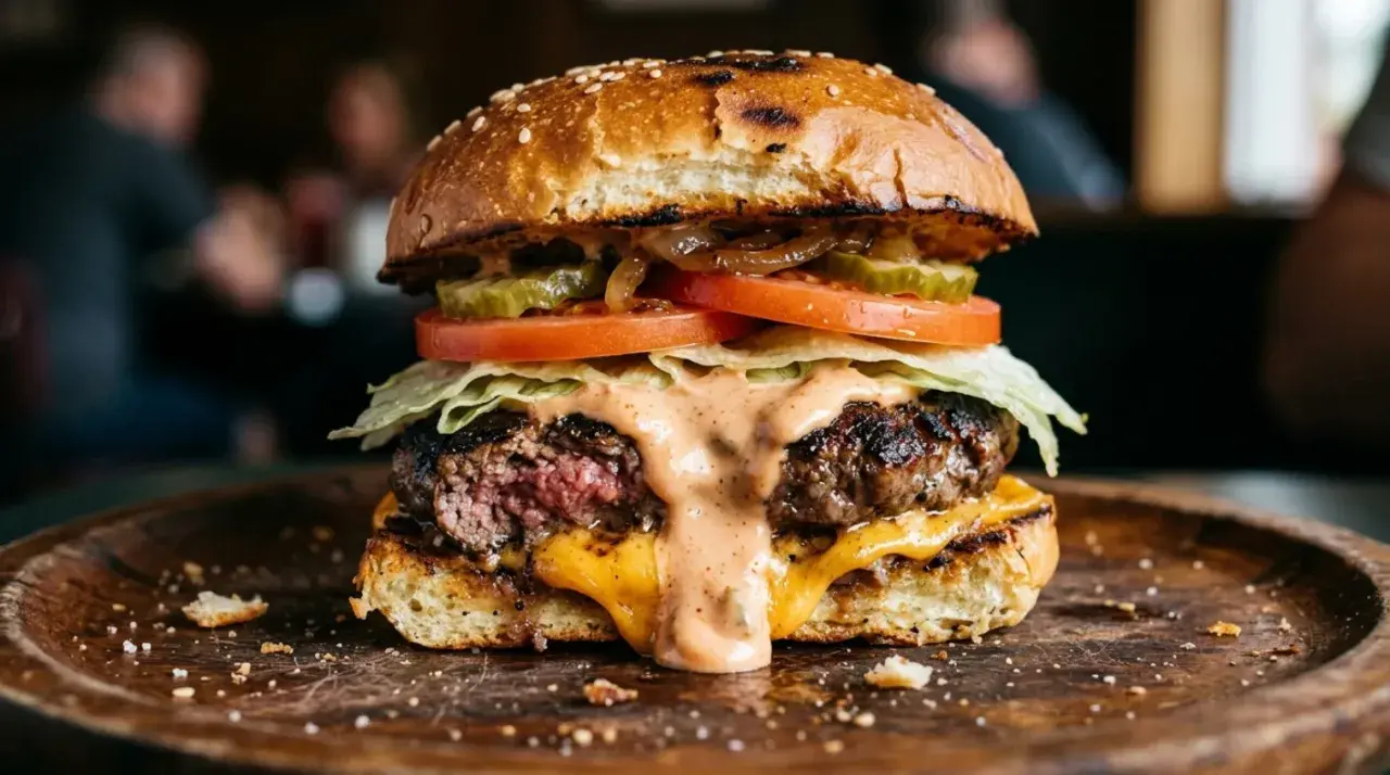 Soczysty burger z rozpływającym się serem i pysznym, kremowym sosem do burgera, podany na drewnianej desce.