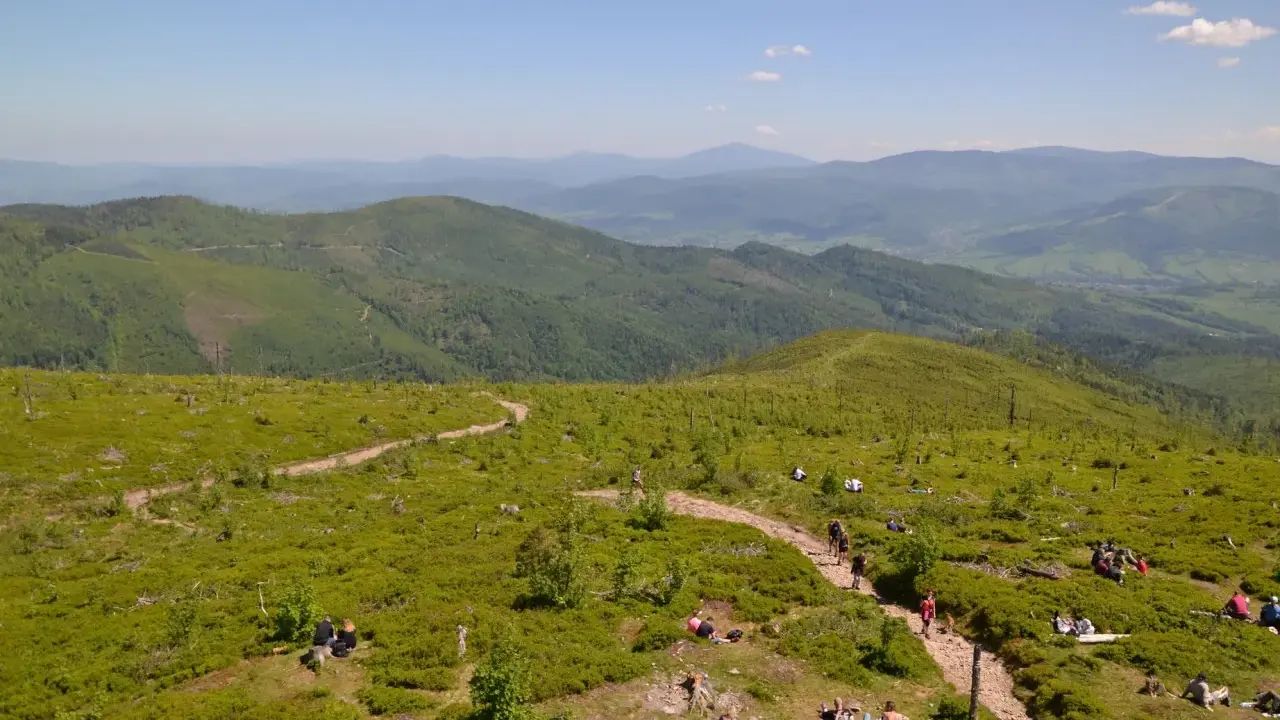 Malownicze widoki na Beskid Śląski, gdzie liczne istebne szlaki turystyczne prowadzą przez zielone wzgórza pełne jagód. Ludzie odpoczywają na trawie, ciesząc się słońcem.
