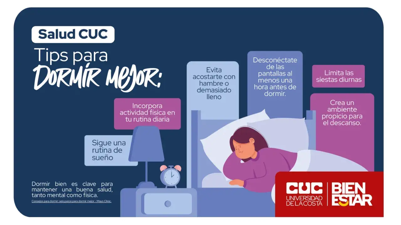 Consejos para dormir mejor: desconéctate de pantallas, haz ejercicio, evita acostarte con hambre, limita siestas y crea un ambiente propicio.