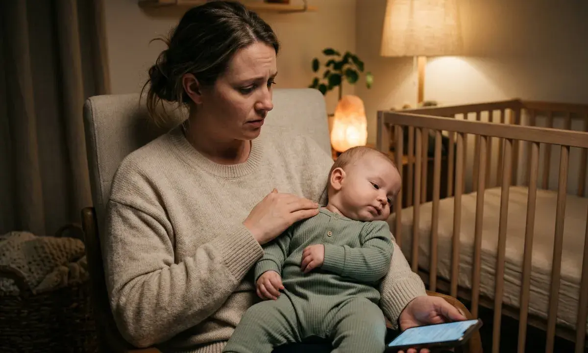 Zmęczona mama trzyma niemowlę, które roczne dziecko kręci głową na boki, szukając ukojenia.