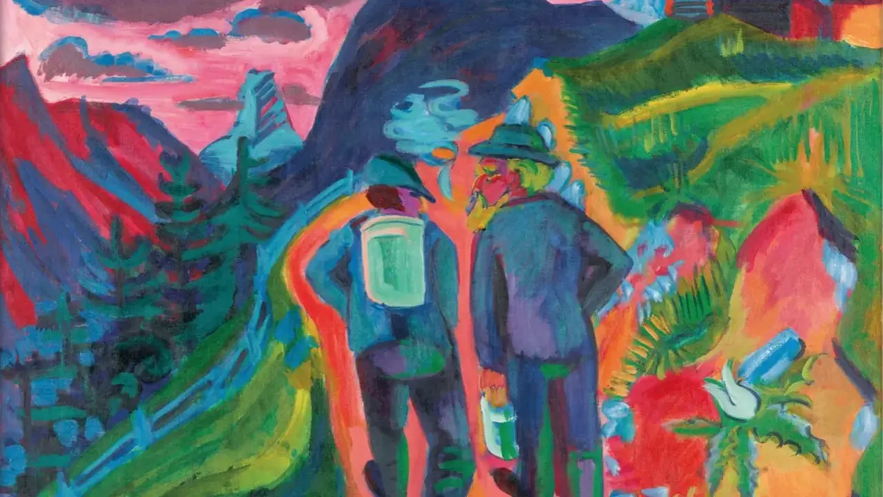 Zwei Wanderer im Gebirge, ein Werk des Expressionismus, das abstrakte Kunst mit leuchtenden Farben und dynamischen Formen zeigt.