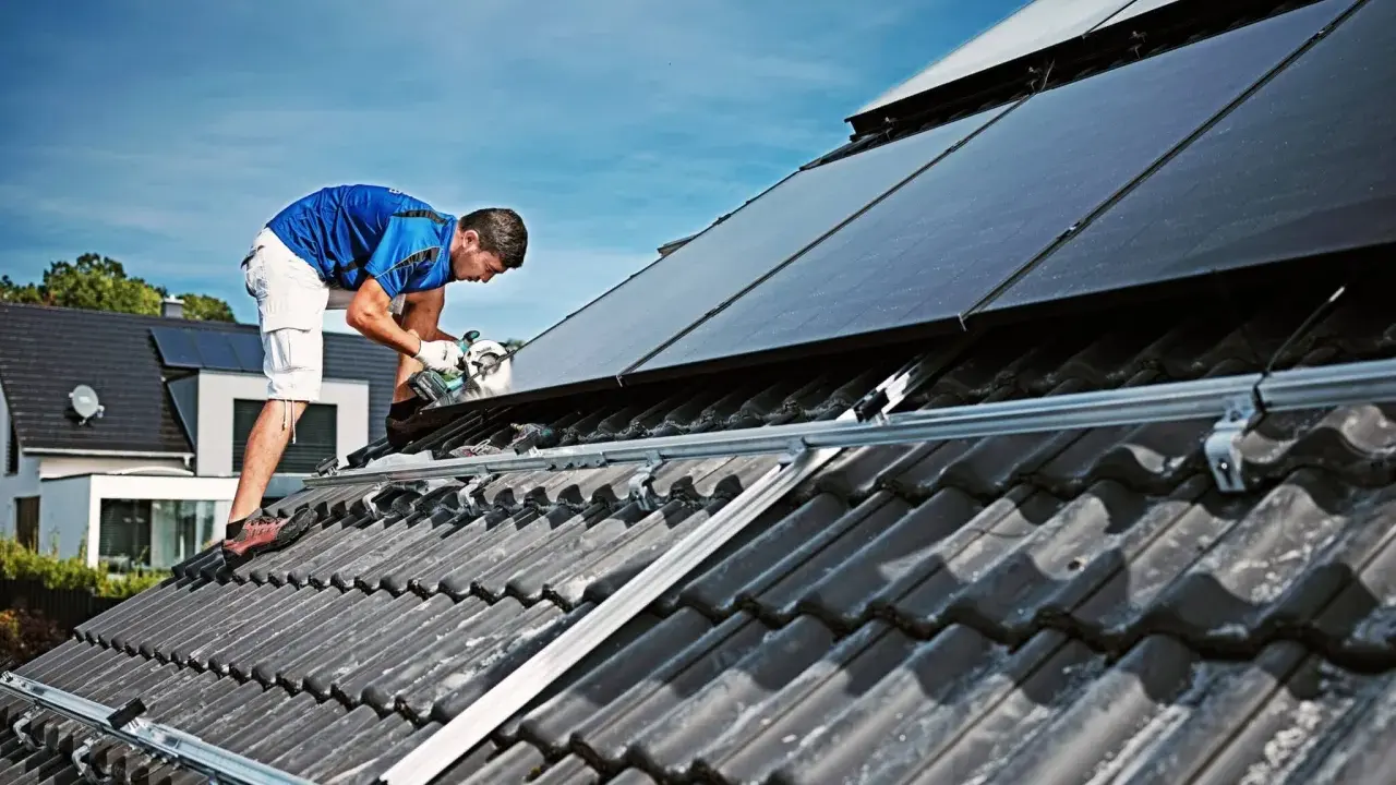 Handwerker montiert Solarmodule auf einem Dach. Dies geschieht unter Beachtung der hausanschluss strom vorschriften für eine sichere Installation.