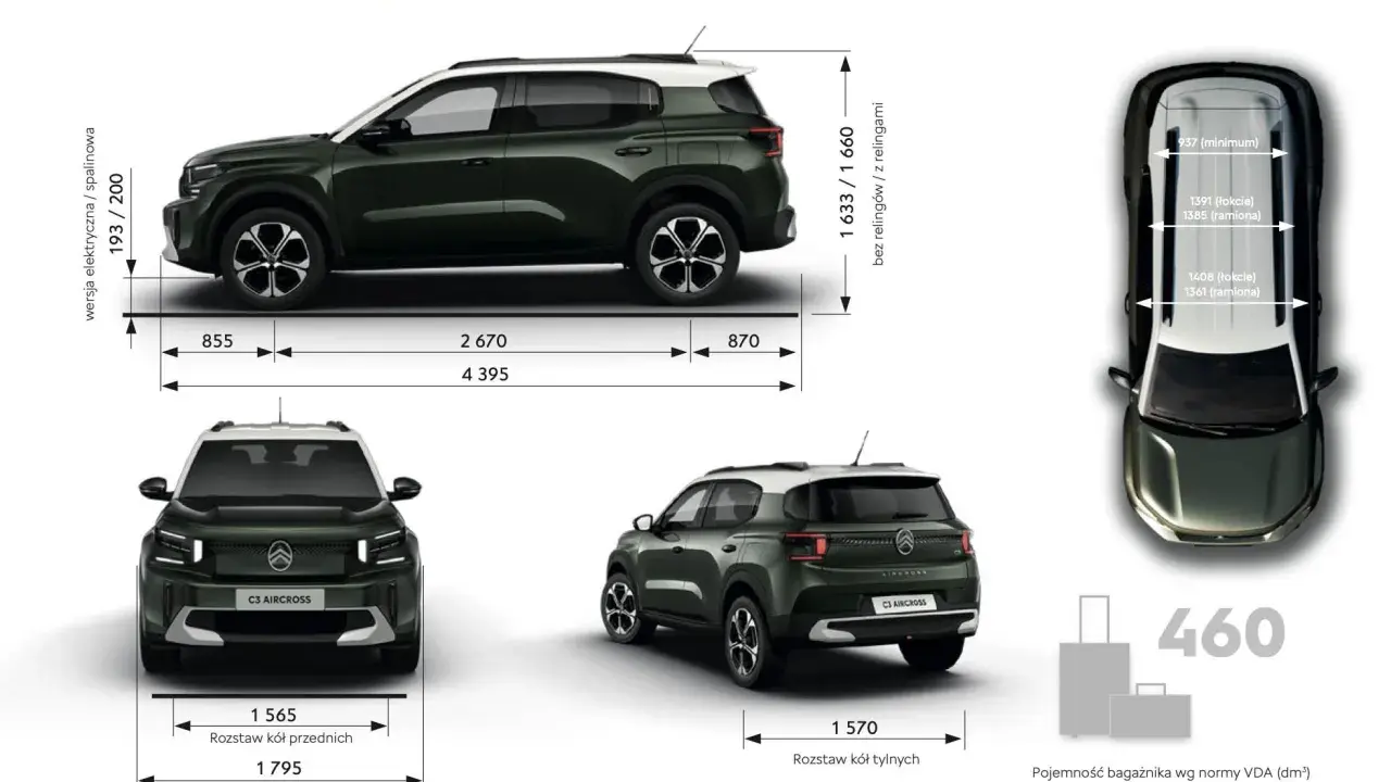 Citroën C3 Aircross wymiary: długość 4395 mm, szerokość 1795 mm, wysokość 1633/1660 mm. Rozstaw osi 2670 mm.
