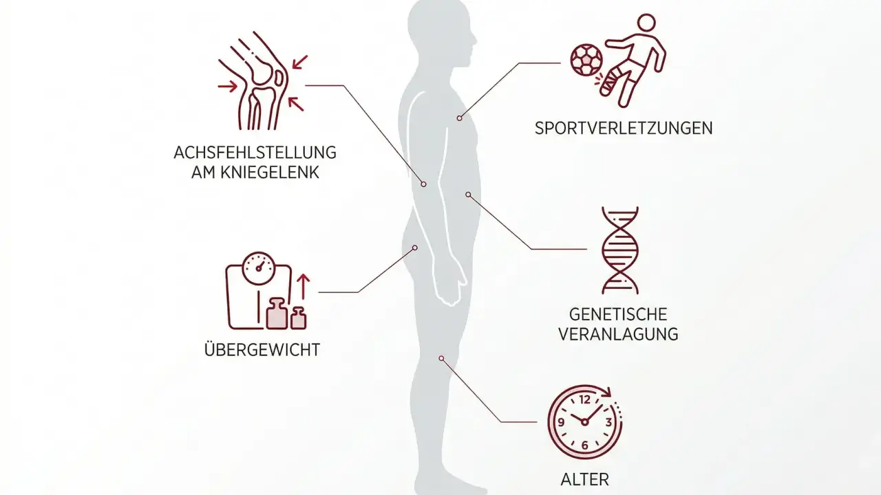 Grafik zeigt arthrose ursachen: Achsfehlstellung, Übergewicht, Sportverletzungen, genetische Veranlagung und Alter.