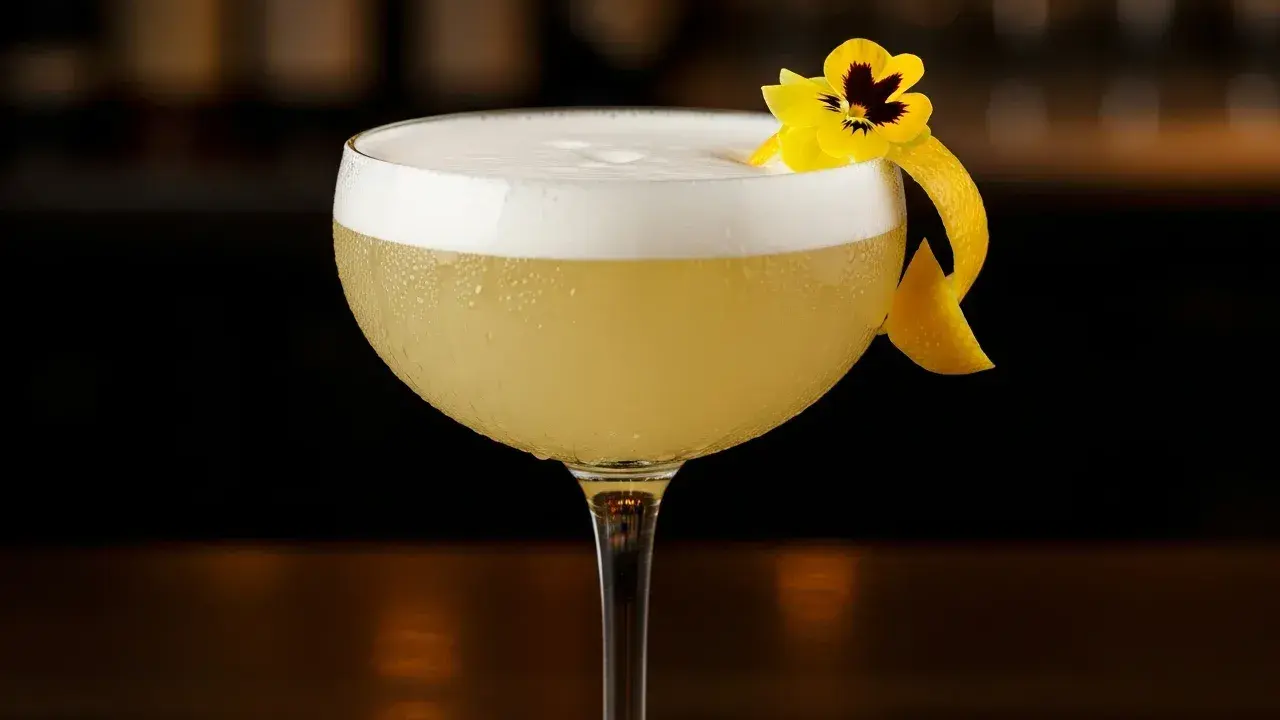 En elegant elderflower sour med skummig topp, garnerad med en citronskal och en liten blomma.