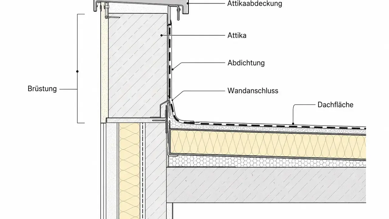 Detailansicht einer Attika mit Abdichtung und Wandanschluss an der flachdachrichtlinie.