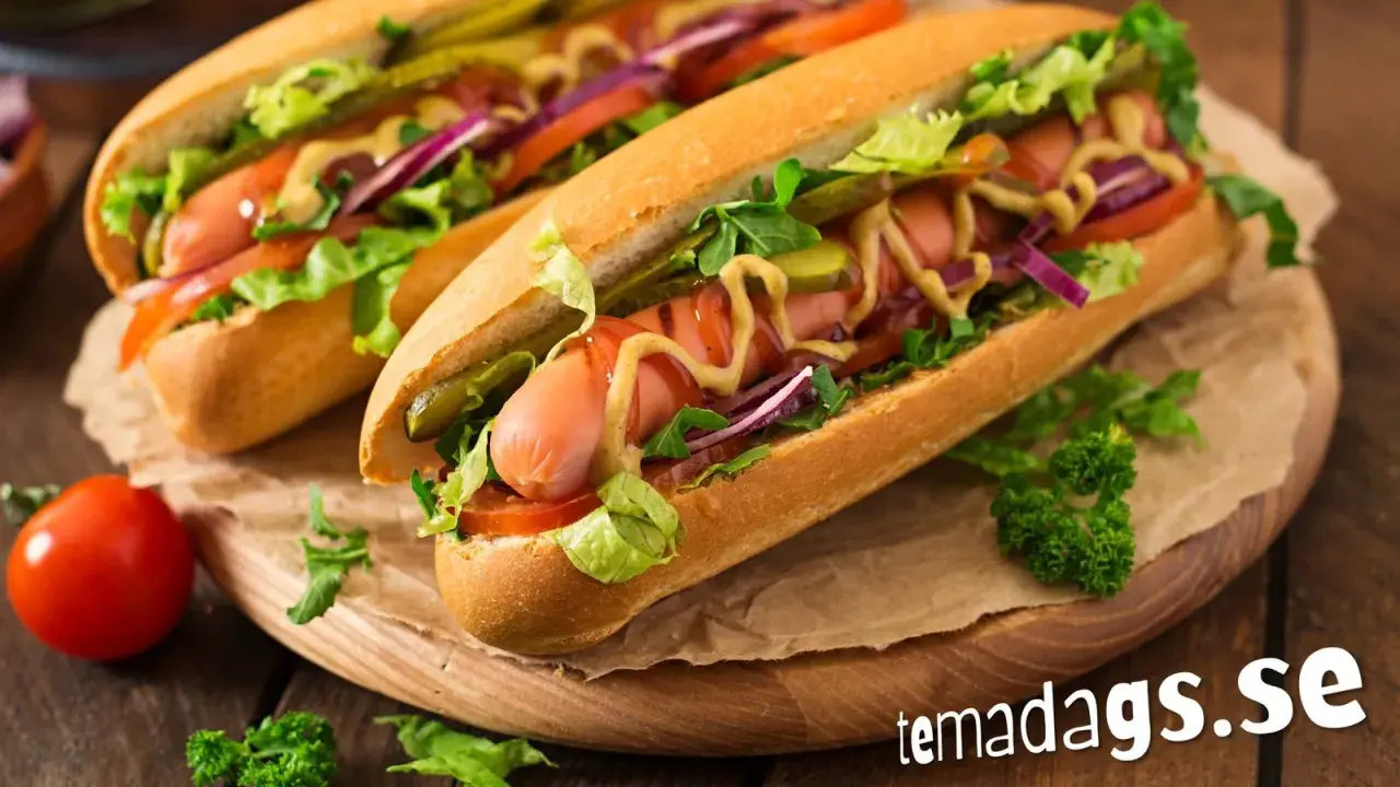 Två saftiga varmkorvar med alla tillbehör, perfekt för varmkorvens dag.