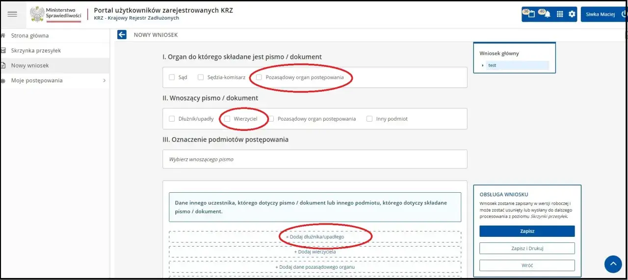 Formularz nowego wniosku w KRZ. Wybierasz organ, do którego składasz pismo, oraz czy jesteś wierzycielem. Dowiedz się, jak głosować w systemie.