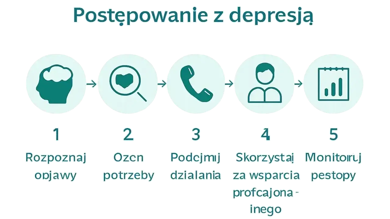 Schemat postępowania z depresją: rozpoznaj objawy, oceń potrzeby, podejmij działania, skorzystaj ze wsparcia, monitoruj postępy. Ważne przy depresji a praca.