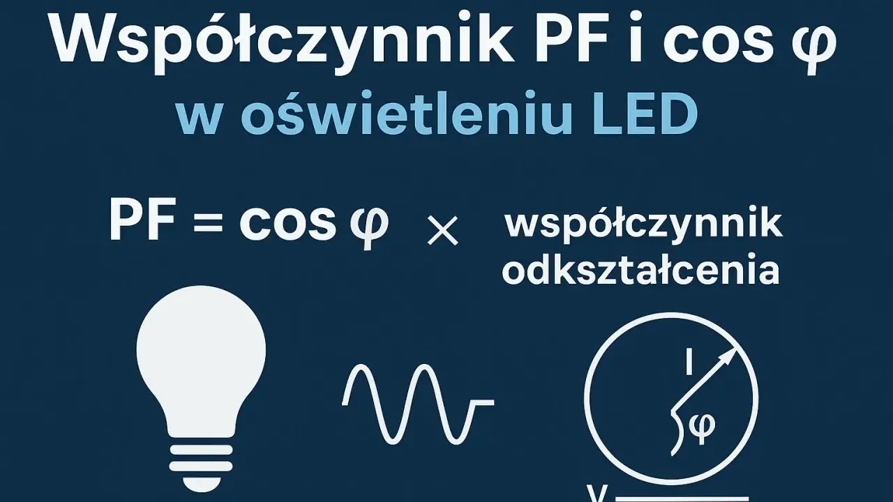 Wzór na moc prądu: PF = cos φ × współczynnik odkształcenia. Ilustracja przedstawia żarówkę, falę sinusoidalną i symbol fazy.