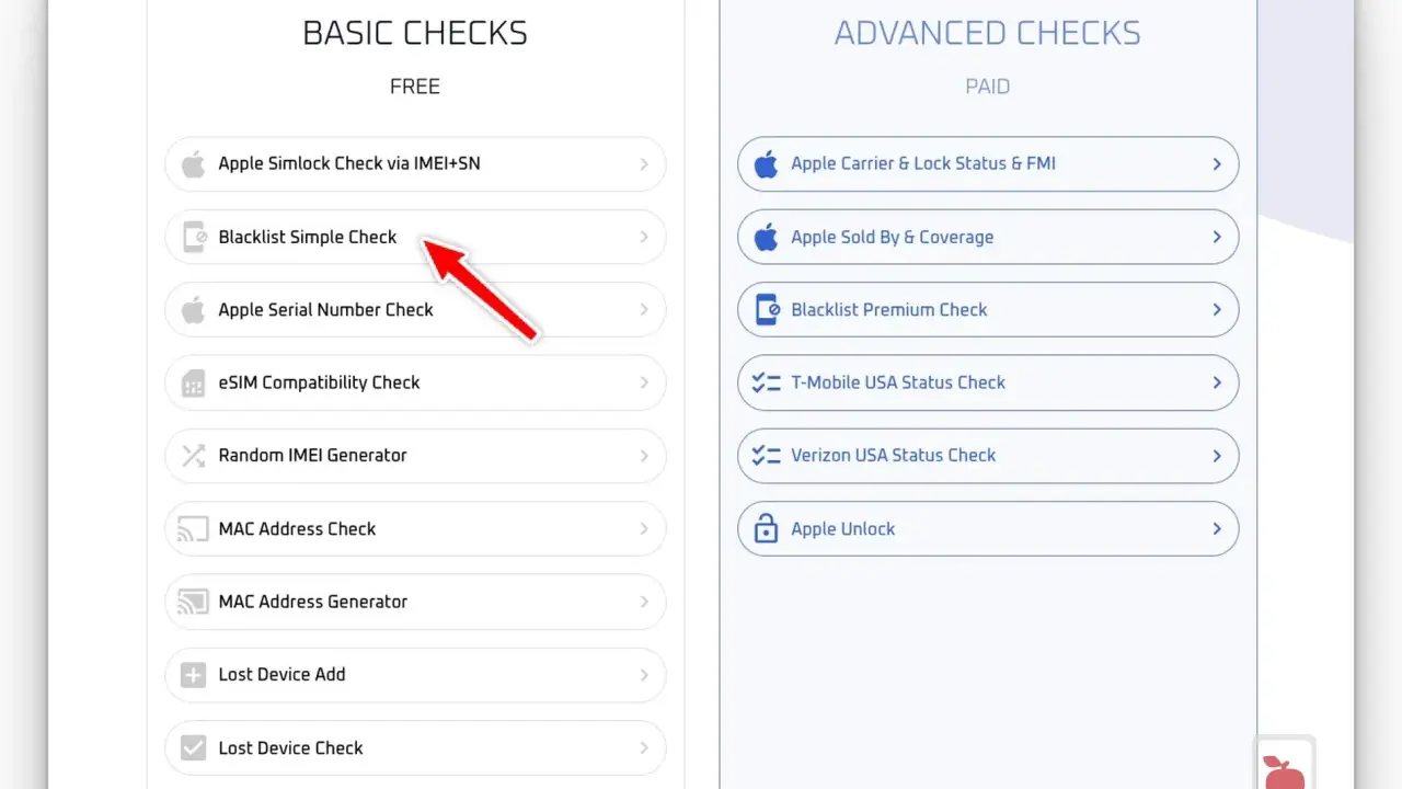 Chcesz wiedzieć, jak sprawdzić czy telefon ma simlock? Na liście "BASIC CHECKS" znajdziesz opcję "Apple Simlock Check via IMEI+SN".