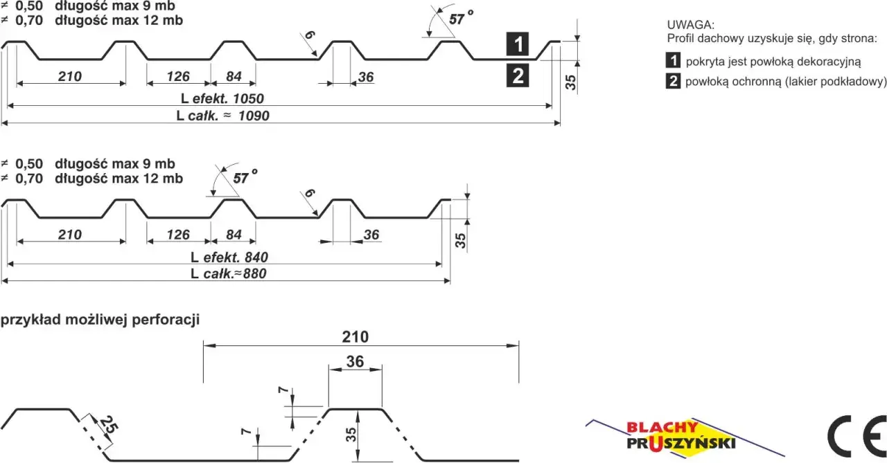 Schemat blachy trapezowej z wymiarami: szerokość fali 210, 126, 84 mm. Dostępne grubości 0,50 i 0,70 mm.