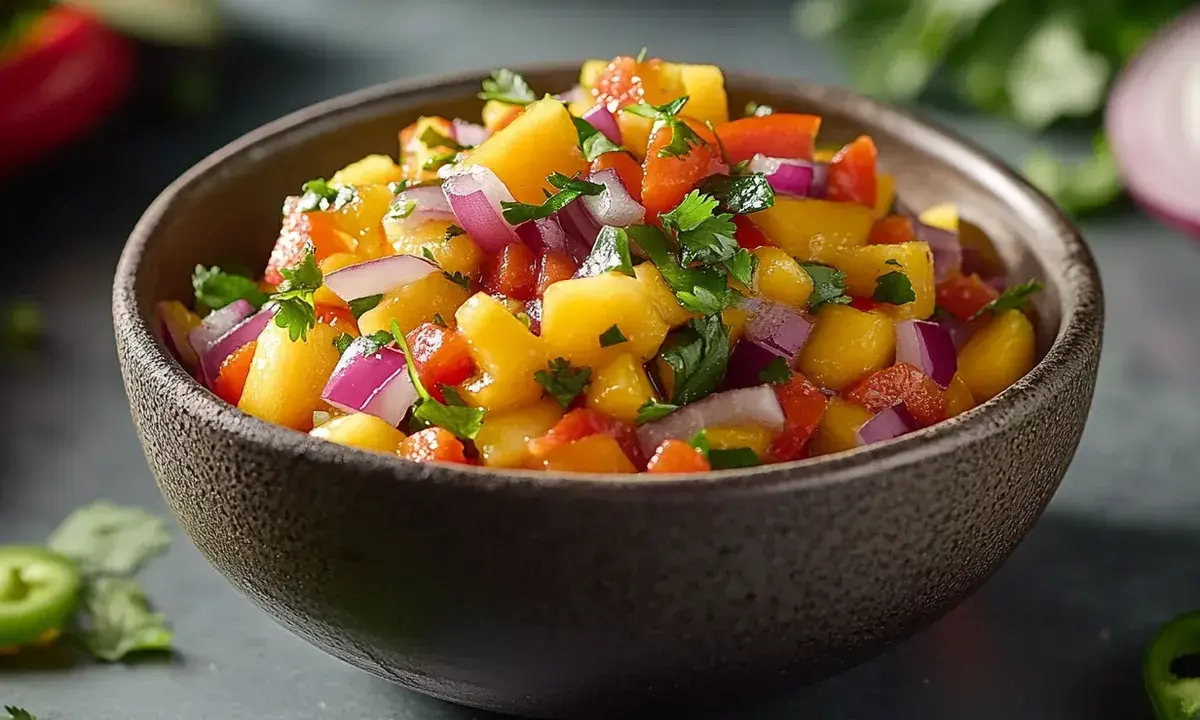En skål med färgglad mango salsa, full av söta mangobitar, rödlök och koriander. Perfekt till grillat!