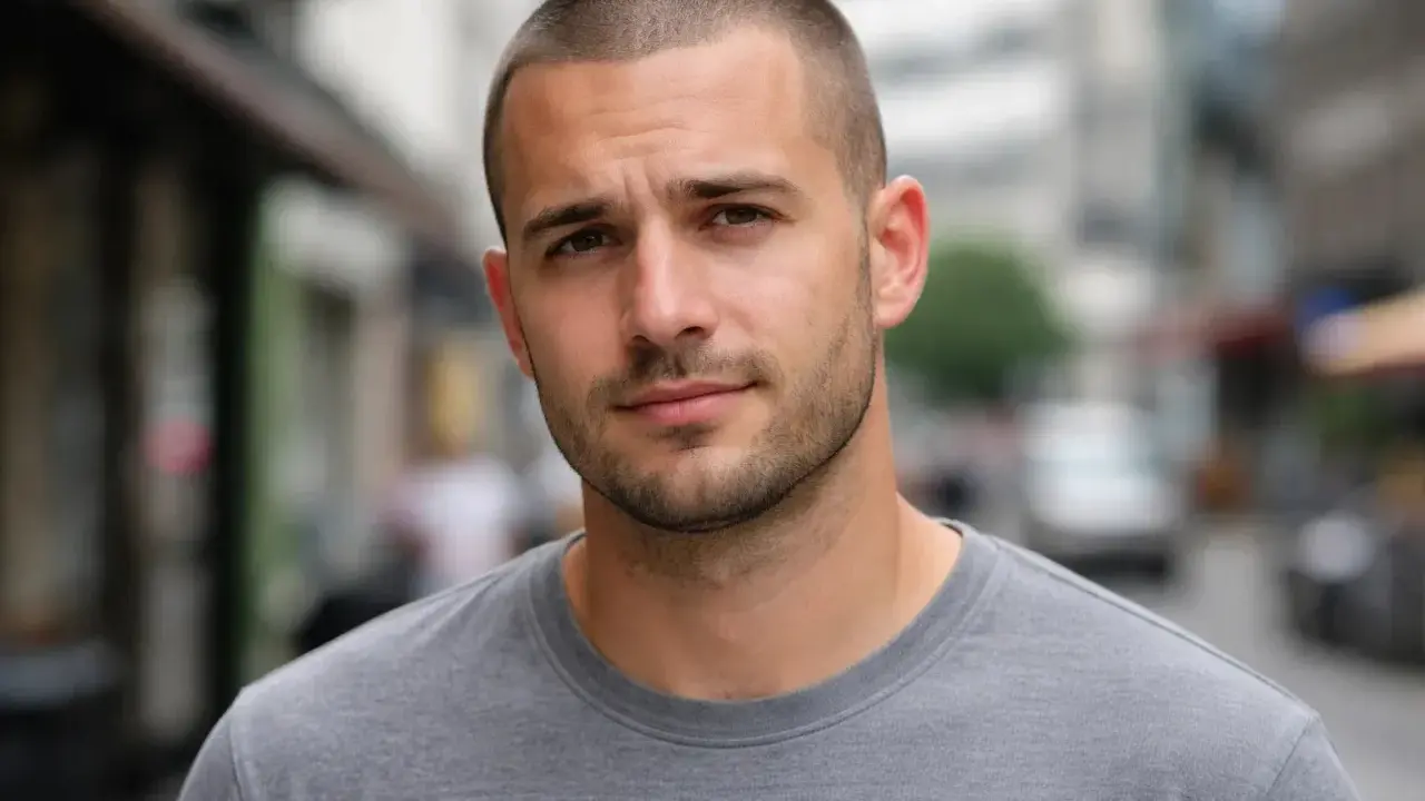 Hombre joven con corte en u, barba cuidada y camiseta gris, mirando a la cámara en una calle urbana.