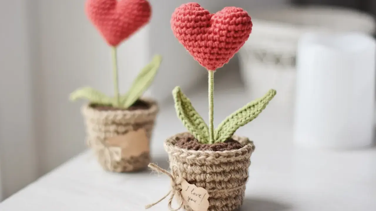 Dos tiernos corazones amigurumi en macetas de yute, uno con una etiqueta que dice "I love you".