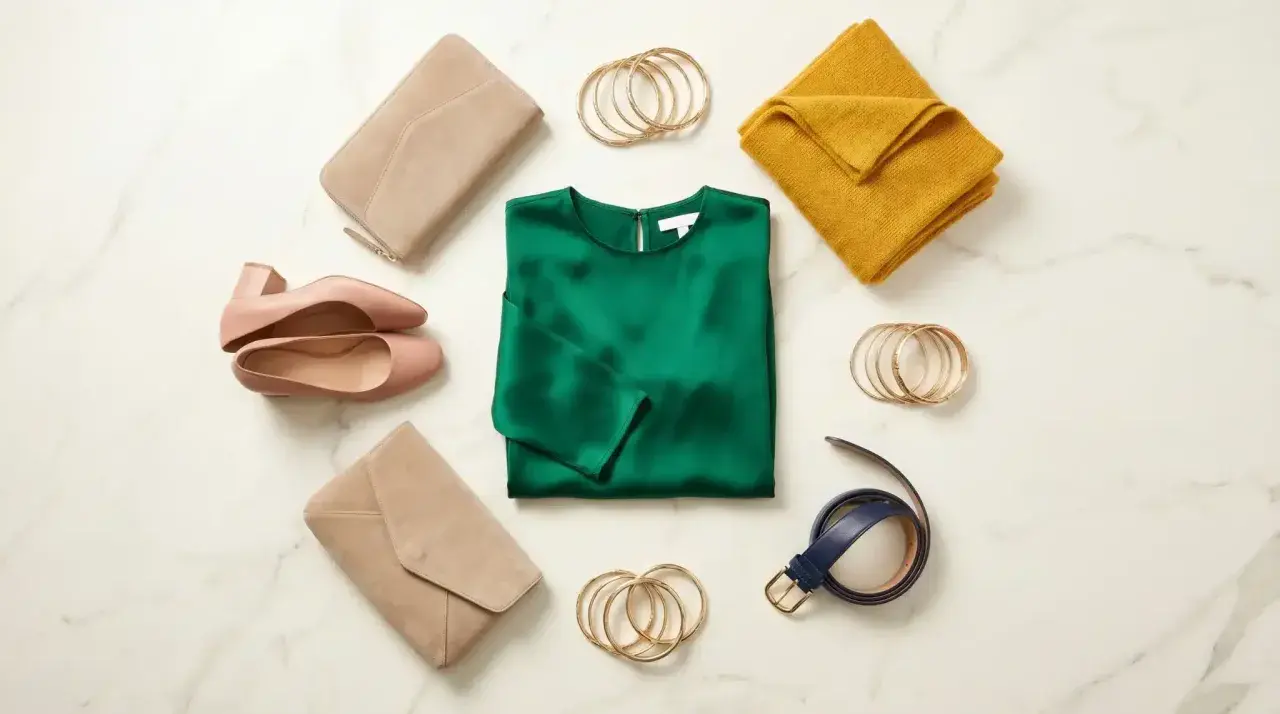 A deep green silk blouse is the centerpiece of this flat lay. What goes with dark green clothes? Think blush pink heels, beige clutches, a mustard yellow scarf, gold bangles, and a navy belt.