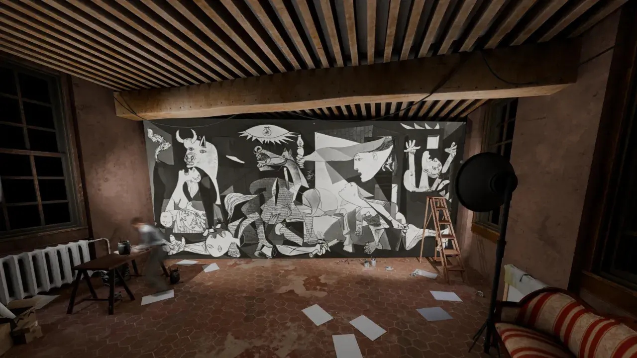Im Guernica Picasso Museum hängt das berühmte Gemälde. Ein Künstler arbeitet daran.