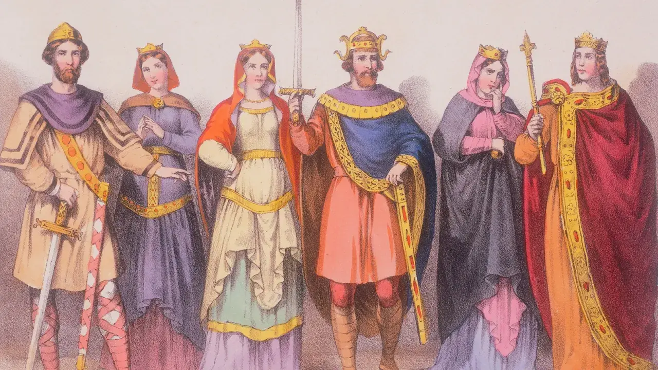 Sechs Figuren in mittelalterlicher Kleidung, darunter ein adliger Mann mit Schwert und Krone, posieren für ein Bild.
