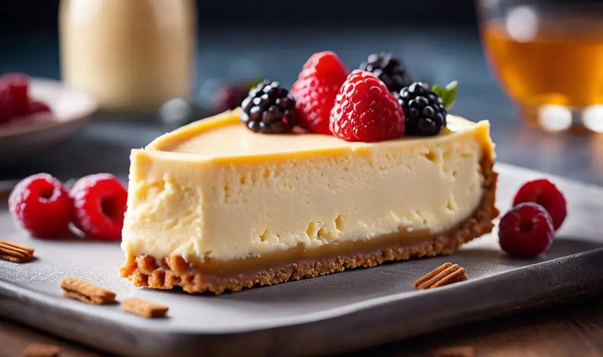 Tranche de cheesecake crémeux garnie de framboises et mûres, sur un lit de caramel et croûte biscuitée. Un délice de fourrage gâteau !