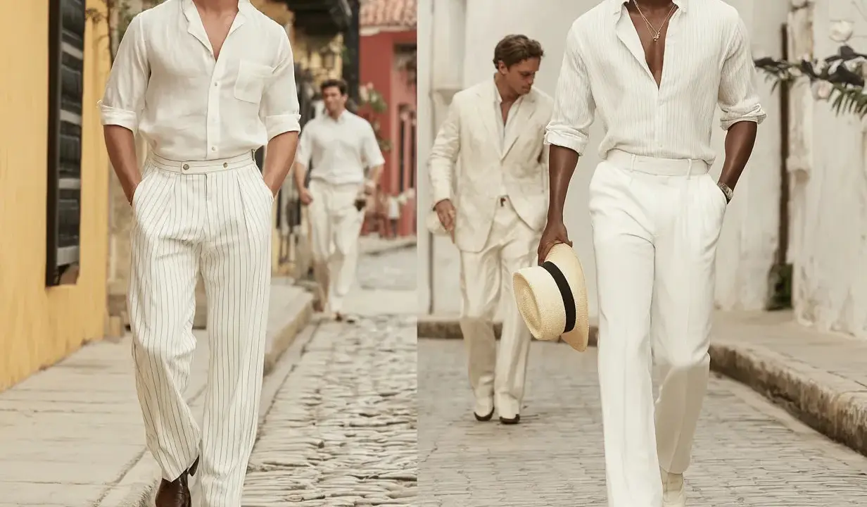 Uomini con un elegante outfit pantaloni bianchi a righe, camicie leggere e cappello di paglia passeggiano su un vicolo acciottolato.