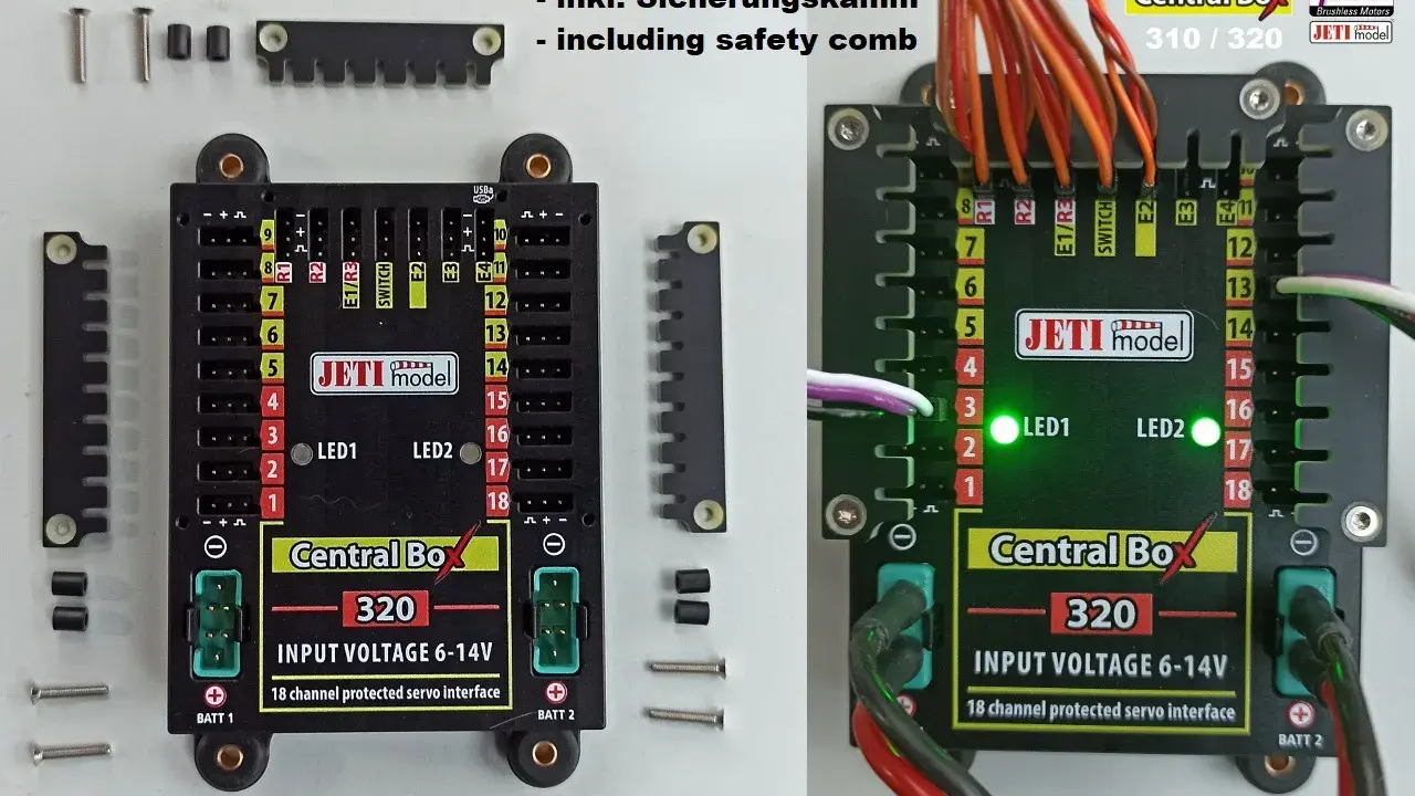 Jeti Central Box 320 mit 18 Kanälen, inklusive Sicherungskamm. Zwei grüne LEDs leuchten.