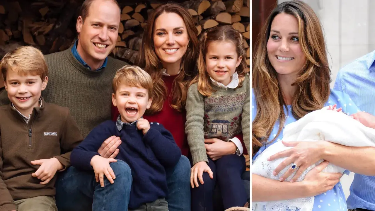 Prins William med sina barn, George, Charlotte och Louis, samt Kate som håller ett spädbarn.