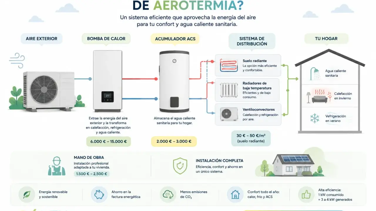 Diagrama de aerotermia aire-aire: unidad exterior, bomba de calor, acumulador ACS y sistema de distribución para calefacción, refrigeración y agua caliente.