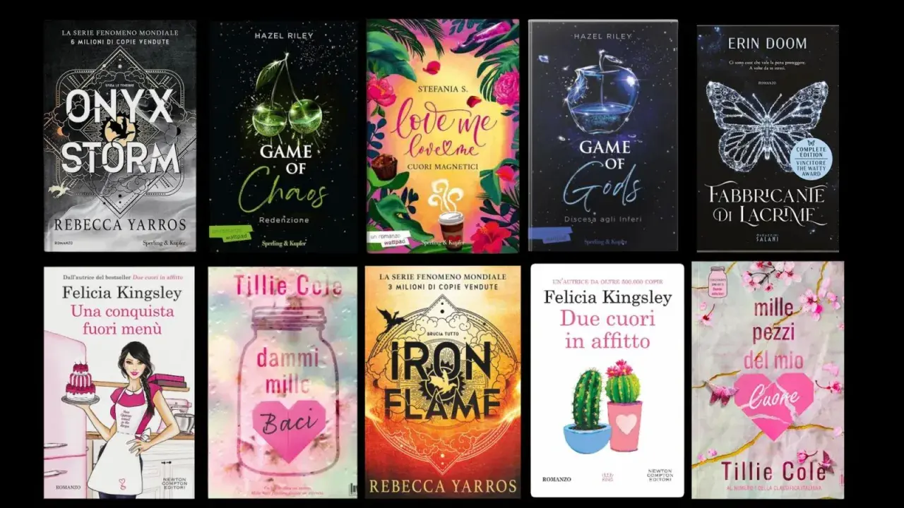 Copertine di romanzi rosa: "Onyx Storm", "Game of Chaos", "Love me love me", "Game of Gods", "Fabbricante di lacrime", "Una conquista fuori menù", "Dammi mille baci", "Iron Flame", "Due cuori in affitto", "Mille pezzi del mio cuore".