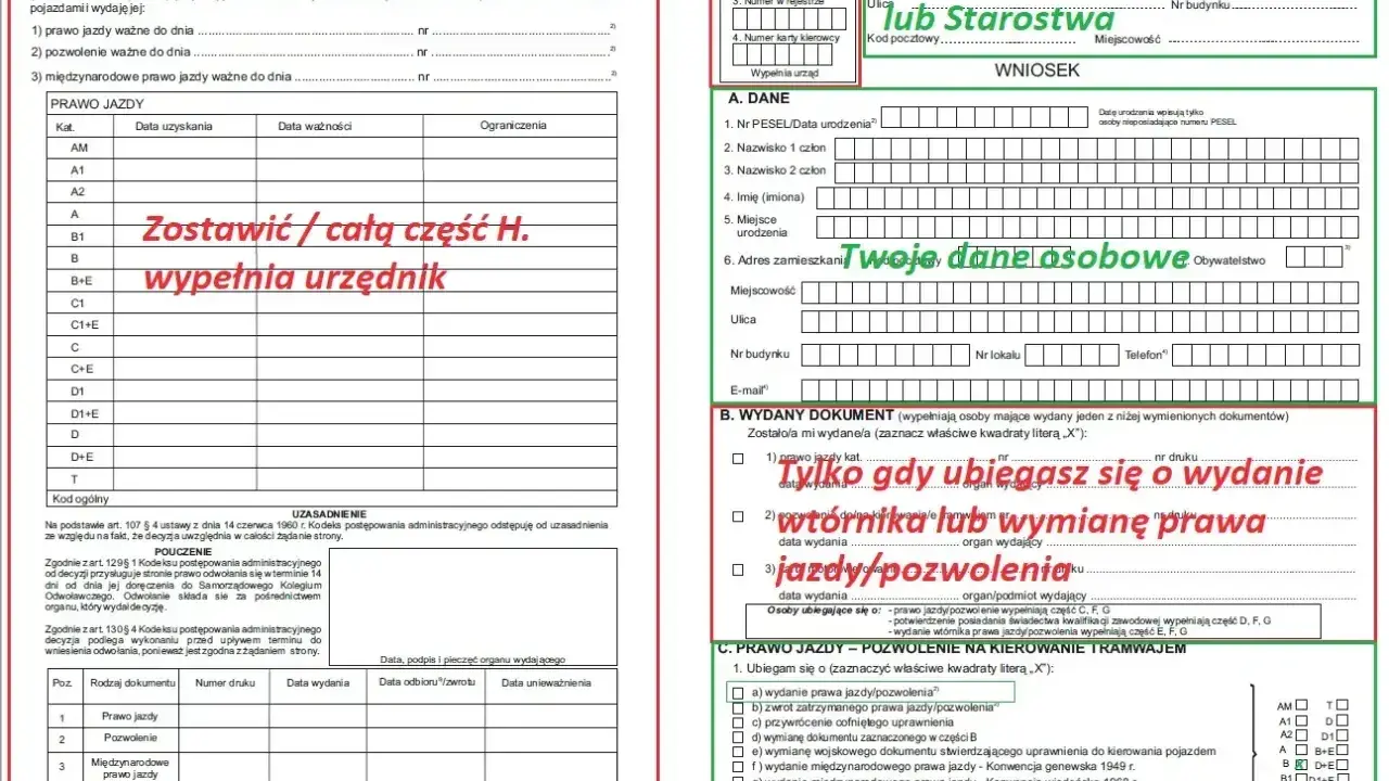 Wniosek o wydanie prawa jazdy po zatrzymaniu na 3 lata. Formularz zawiera dane urzędu, wnioskodawcy i informacje o wydanych dokumentach.