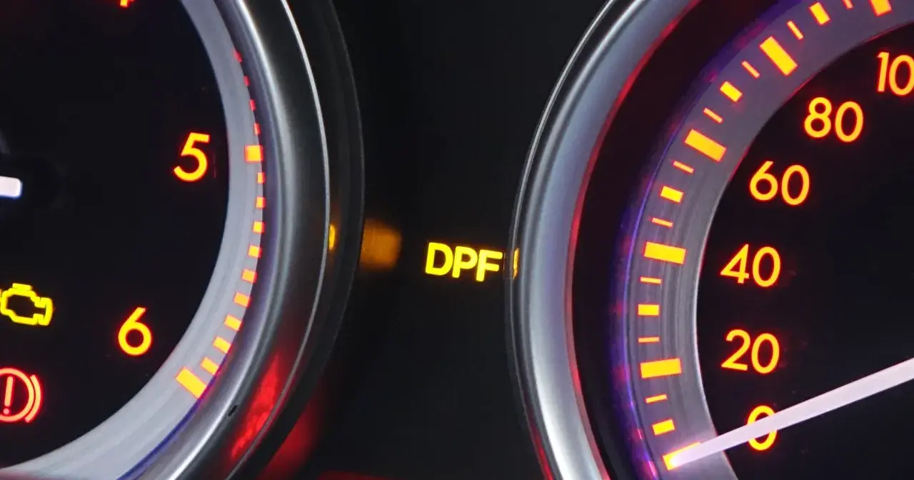 Żółta kontrolka DPF świeci się na desce rozdzielczej, sygnalizując potencjalne problemy z filtrem cząstek stałych.