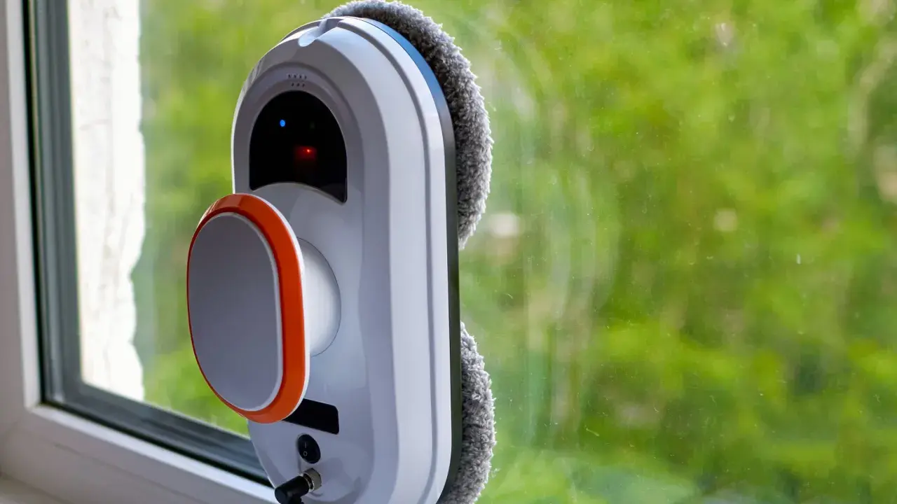 Robot do mycia okien przyczepiony do szyby, z widokiem na zielone drzewa.