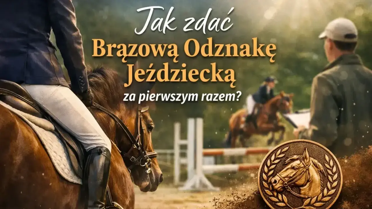 Brązowa odznaka jeździecka z wizerunkiem konia w wieńcu laurowym. W tle jeźdźcy i przeszkody.