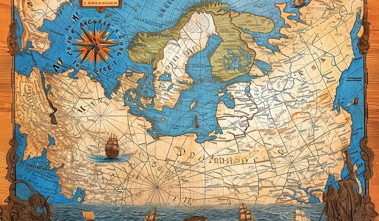 Stara mapa morska z wiatrowskazem i żaglowcami. Widoczne symbole na mapie morskiej wskazują na dawne szlaki żeglugowe i nieznane lądy.