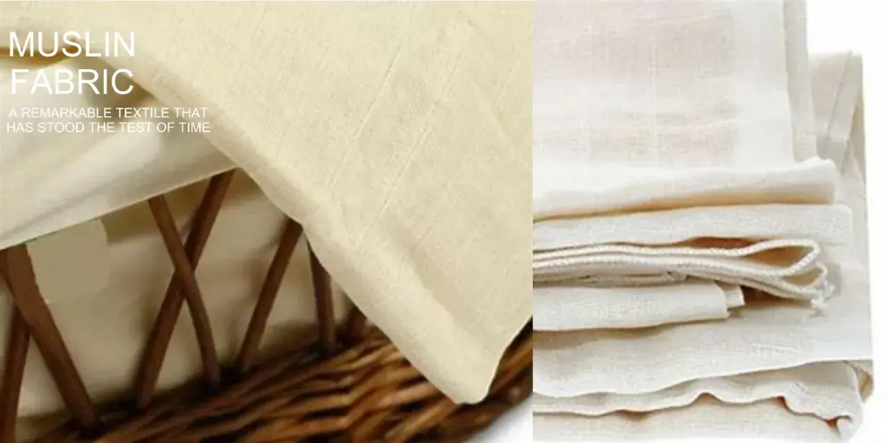 A close-up of a light-colored, woven muslin cotton fabric. The left side shows the fabric draped over a wicker basket, with text overlay. The right side displays a stack of folded muslin cotton.