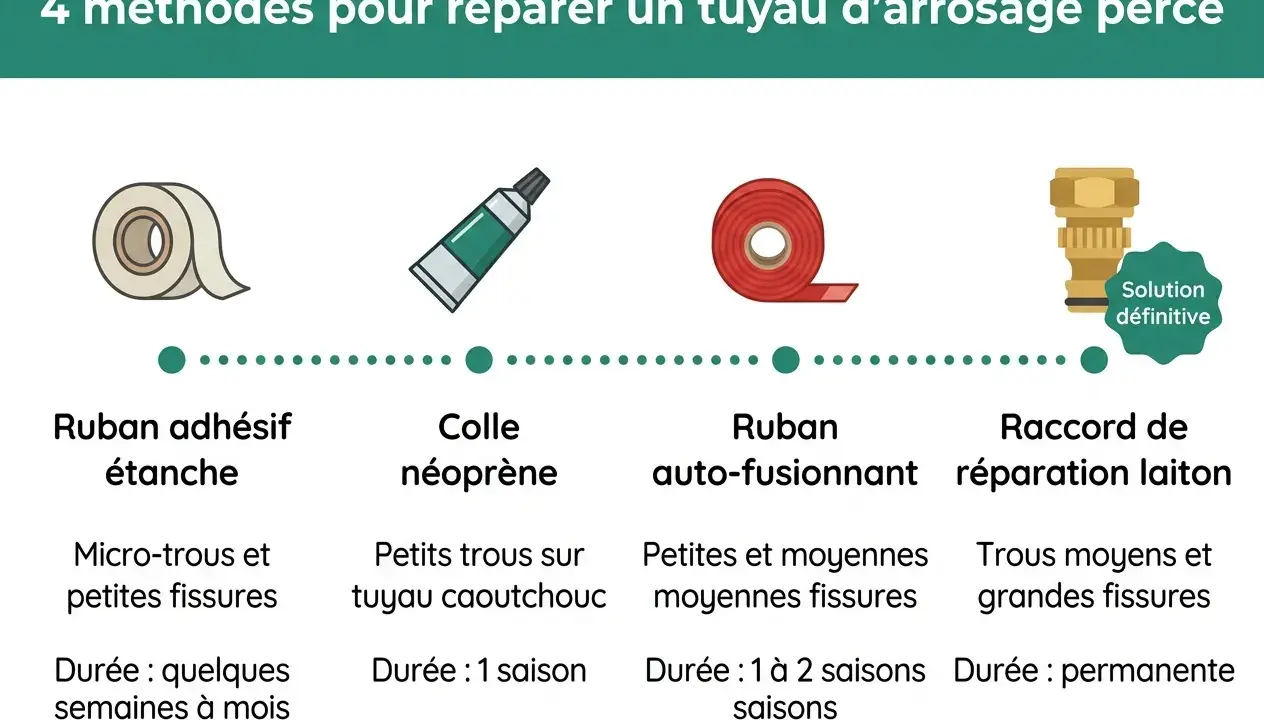 4 méthodes pour réparer un tuyau d'arrosage percé : ruban adhésif, colle néoprène, ruban auto-fusionnant et raccord laiton.