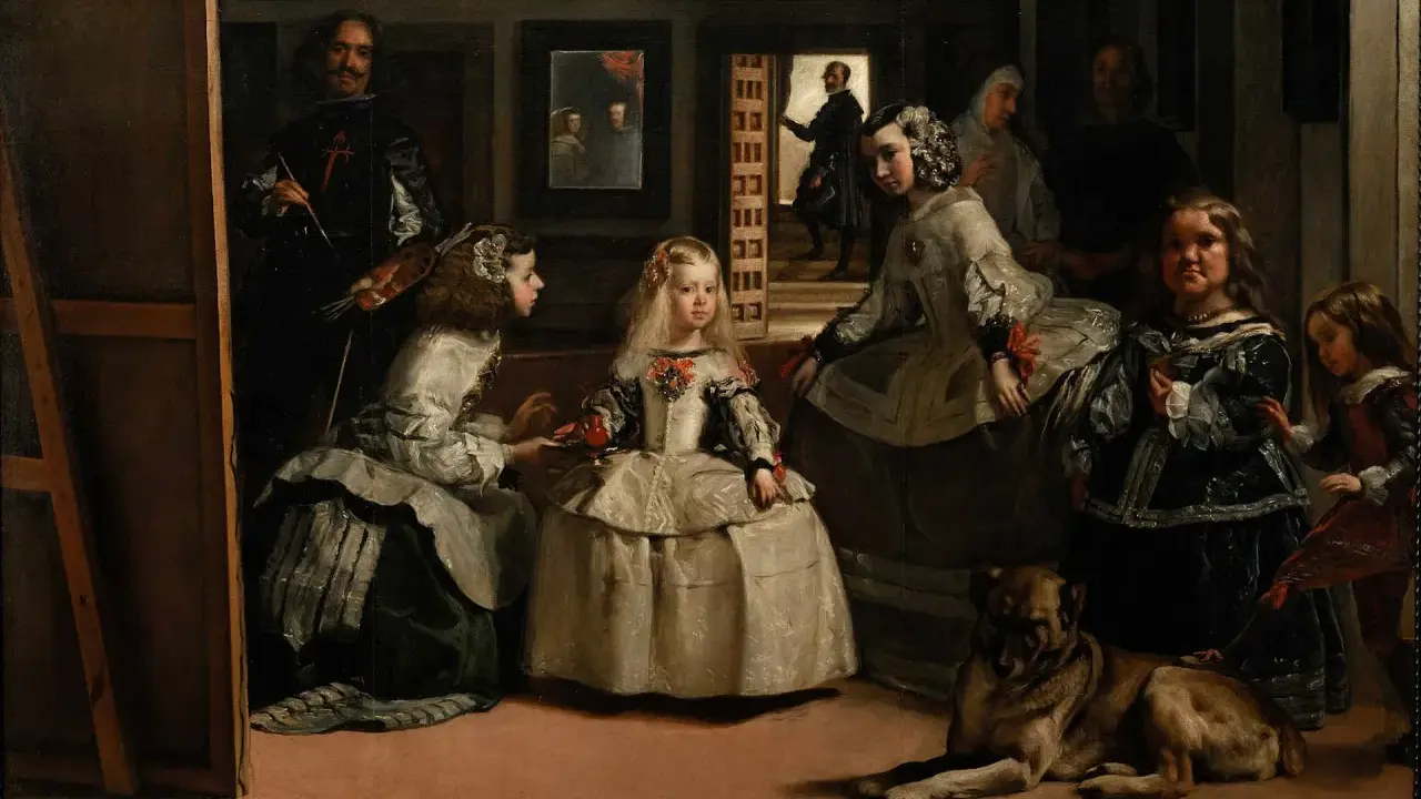 El prado para niños: Velázquez pinta a la infanta Margarita y su corte. Un perro descansa mientras el artista trabaja en un lienzo.