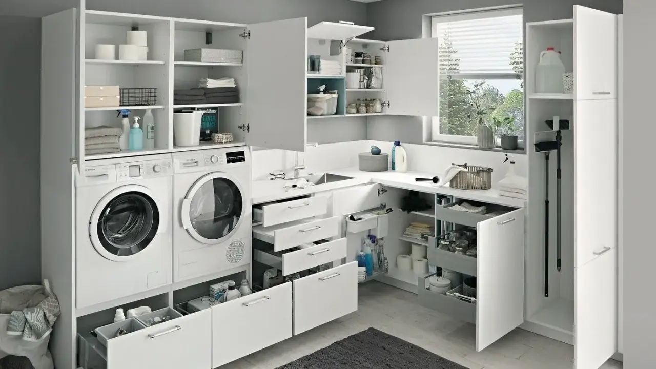 Ein heller, moderner kleiner Hauswirtschaftsraum mit Waschmaschine, Trockner, Spüle und viel Stauraum in weißen Schränken.