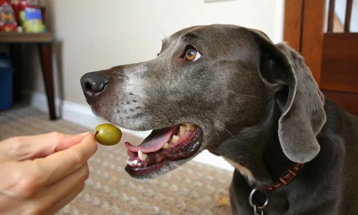 Un chien gris attend avec impatience une olive verte offerte par une main.