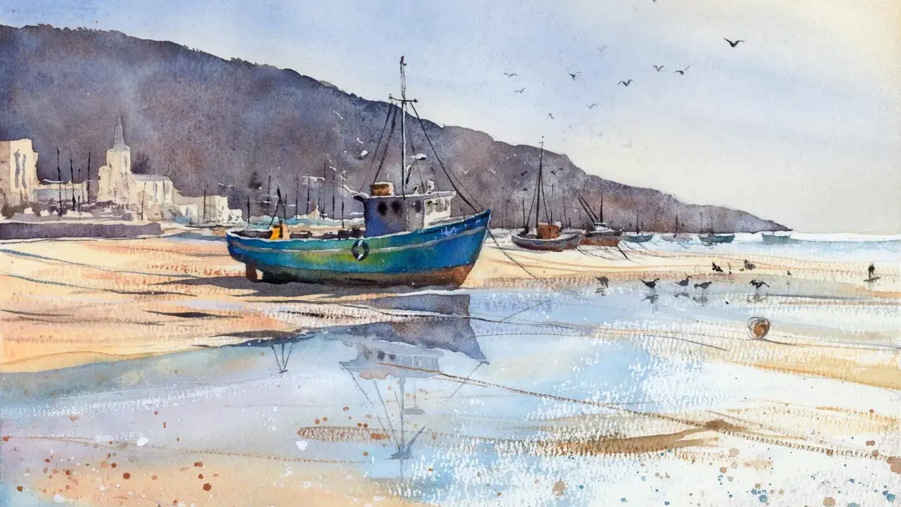 Peindre un bateau bleu sur la plage, avec des reflets dans l'eau et des mouettes.