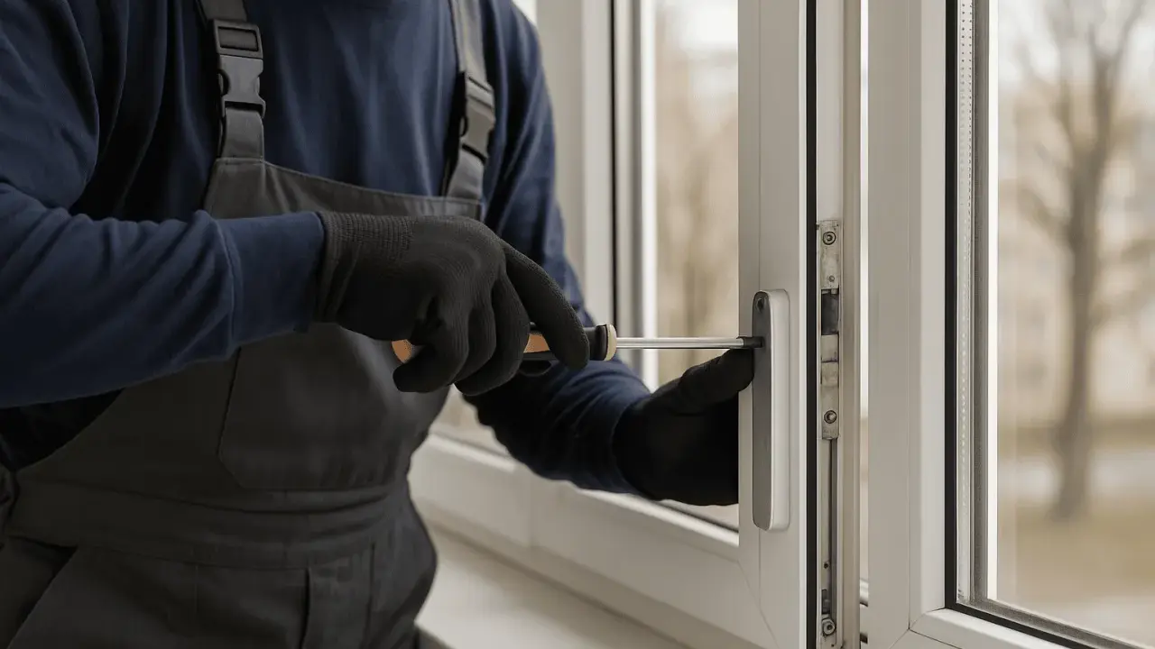 Técnico con guantes negros repara una ventana de aluminio antigua, ajustando el mecanismo con un destornillador.