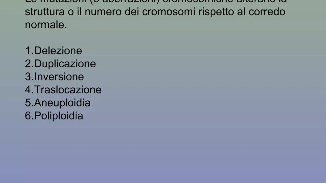 Elenco di aberrazioni cromosomiche: delezione, duplicazione, inversione, traslocazione, aneuploidia, poliploidia. Un esempio è il cromosoma 9 invertito.