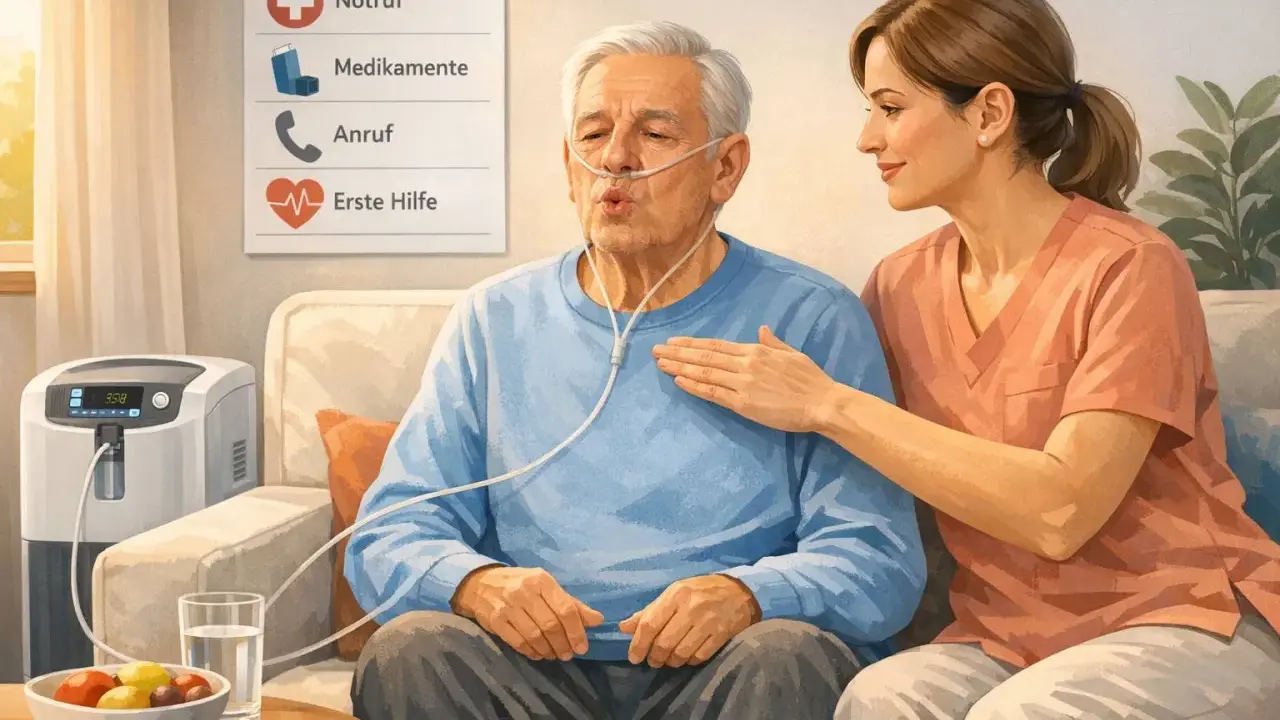 Mann mit COPD erhält Sauerstoff. Eine Pflegerin legt ihm beruhigend die Hand auf die Brust. Hohe Luftfeuchtigkeit kann bei COPD belastend sein.